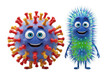 © Kit - A colorful spherical virus and rod-shaped bacteria with smiling faces and expressive eyes on a white studio background. Playful microbial life atmosphere