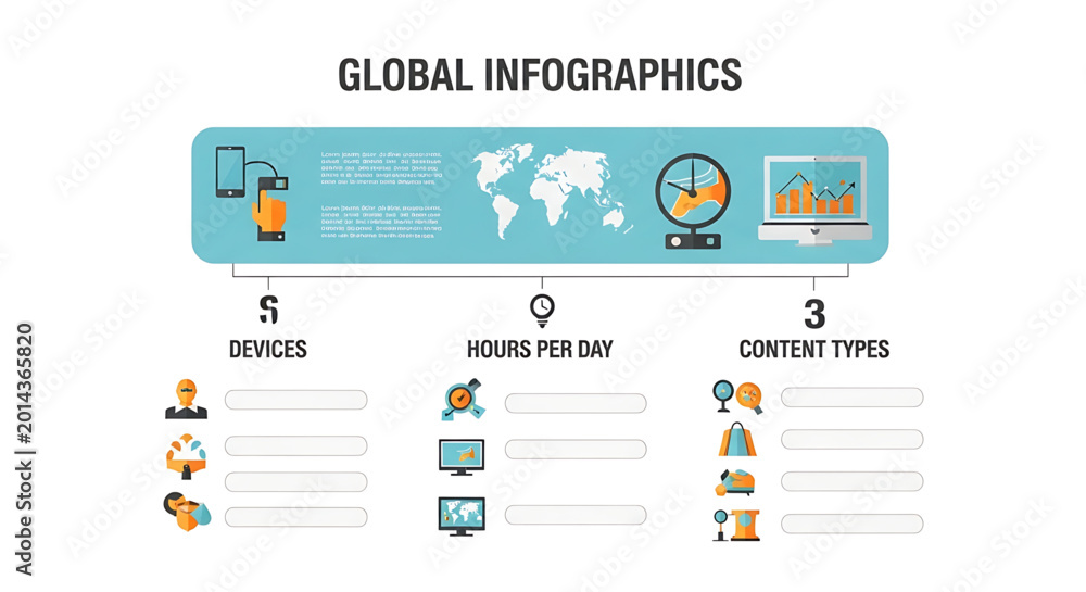 Global infographics template with world map and business icons for data ...