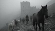 © Alexey - Group of hooded men riding horses toward ancient stone castle in thick fog. Medieval riders on rugged mountain path approaching fortress. Historical journey and exploration concept in misty landscape.