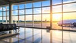 © Nova K. Designs - Modern airport terminal with glass windows, airplanes at gates, warm sunrise glow, polished reflective floor, calm expansive travel atmosphere on clean bright white background.
