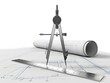 © Tasnia - Engineering drafting tools including compass protractor ruler and blueprint plans on work surface