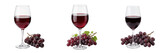 Set and collection of glass of red wine with grapes isolated on white background