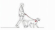 © liliek - A minimalist continuous line drawing of a man walking his loyal dog on a red leash. The illustration features a small red heart on the dog's body, symbolizing the deep bond of love, companionship
