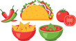 © Sahabib - PrintMexican Traditional Food Vector Illustration Set with Taco, Nachos, Spicy Salsa Dip, Chili Peppers, and Fresh Tomato for Restaurant Menus and Culinary Designs