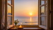 © MariaGabriela - Ventana abierta al mar bajo un sol radiante, con flores frescas y una vela encendida que invitan a la paz, la gratitud y la meditación profunda.