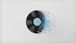 © desing25 - Vinyl record half dissolving into digital blue pixelated particles on white background.