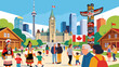 © roma - Diverse group of people enjoying a sunny day in front of Canadian landmarks including Parliament Hill and the CN Tower, with Indigenous cultural elements.