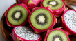 © Avra - Fresh Exotic Fruits Vibrant Dragon Fruit and Juicy Kiwi Slices on a Wooden Platter - A Tropical Delight