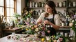 © RicardoLuiz - Professional female florist creating a vibrant floral arrangement with spring flowers in a rustic studio