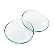 © Carlota - Two clear hydrogel contact lenses with subtle teal edges overlapping on transparent background with wet reflections, clinical vision technology atmosphere