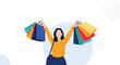 © Mitthila Vectx - Excited young woman celebrating a successful shopping trip by holding up several colorful shopping bags in both hands.