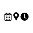 © KHOKON - Calendar, clock, and location pin icons. Time, date, and address icon vector set for events, banner, poster, meeting, agenda, invitation and business cards