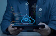© sarach - Cloud native development and infrastructure. Programmer developing applications for cloud computing with software architecture, orchestration, and source code illustrations on digital tablet.