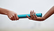 © peopleimages.com - Running, baton and hands of people in relay race for competition, track event and challenge. Sports, runner and athletes with equipment for training, exercise and teamwork practice for marathon