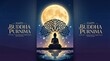 © MR.ALAMIN - Happy Buddha Purnima greeting card, silhouette of meditating Buddha under Bodhi tree, full moon night background with spiritual light