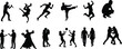 © MDRAKIB - People action silhouettes fighting running dancing couples sports and social interaction dynamic human figures illustration set