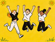 © DevSaputra - Three joyful friends jump high, radiating pure happiness and shared enthusiasm. This vibrant illustration captures carefree moments, a gemini apy key to an uplifting spirit