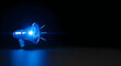 © NexGen Stock - 3d render of a glowing blue megaphone on a dark background representing communication and announcement