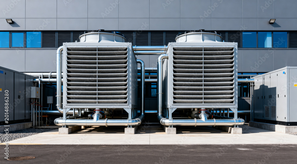 Industrial air conditioning cooling towers in front of a modern data ...