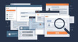 © Tri - Illustration of multiple overlapping web browser windows with search and navigation elements.