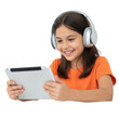 © Bee - Young girl with dark shoulder-length hair wearing orange shirt and silver headphones holding a tablet while smiling in a bright studio learning atmosphere