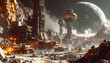 © Bernd Schmidt - Mining colony on a jagged asteroid featuring giant drills kicking up glowing mineral dust with a massive gas giant planet generative AI