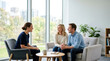 © Sofia - Professional counselor talking to a couple in a modern office. Therapist meeting with a man and woman for relationship advice