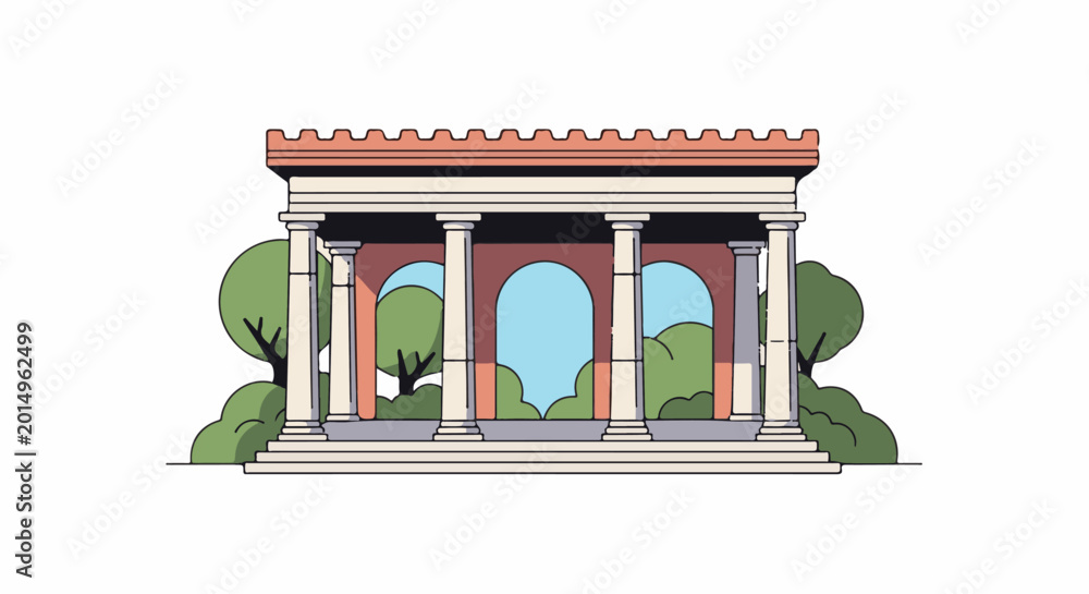 Stylized neoclassical building with arches, columns, and trees の Stock ...