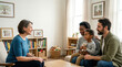 © Sofia - Family meeting with a professional counselor in a bright office. Diverse parents and child talking to a therapist. Mental health support and guidance concept