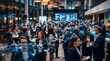 © CREATIVE KNIT DESIGN - Group of professional business people networking at a corporate conference event with digital technology connection lines overlay representing global communication and data networking