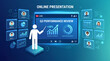 © Rohan Katwe - Minimalist online business presentation concept with virtual meeting screens, analytics dashboard, remote communication interface, gradient background, copy space, digital marketing, corporate webinar