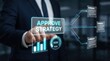 © Jo - Executive Hand Approving Business Strategy on Holographic Interface with Button, Bar Charts, and Risk Gauges in Cyan Glow