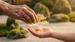 © Aurora Aesthetics - elderly hand passing tree of life to child hand glowing legacy transfer in stone garden symbolizing ancestry growth resilience family roots guidance renewal continuity and future hope