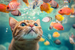 © Tetiana - Generative AI image of curious cat underwater watching tropical fish in coral reef scene with playful expression and vibrant marine background