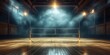 © btiger - Empty wooden gymnasium with a centered volleyball net under dramatic spotlights and drifting fog, silent and moody atmosphere of solitude and anticipation