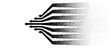 © Mykola Mazuryk - Seven stipple halftone dissolving arrows fanning from the right and converging to a single left-pointing focal point on white background, monochrome vector convergence concept art.