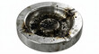 © Naris - High angle view of a dirty used metal ashtray with burn marks and ashes, isolated on white background. Realistic texture of imperfect used object.