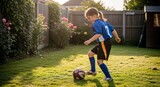 Young girl in a blue athletic uniform practices dribbling a soccer ball on a residential backyard lawn during the warm glow of the late afternoon sun, embodying youth sports and active play.