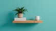 © Borasca - Minimalist wooden shelf with potted plant, books, and modern mug against teal wall for contemporary home decor inspiration