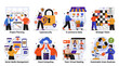 © Deris - Flat vector illustration set of digital marketing and business concepts, including SEO, email marketing, social media scheduling, PPC, CRM customer journey, and teamwork.
