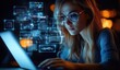 © zong - focused person with long hair in a sweater typing on a laptop at night amid glowing blue holographic data panels and virtual interface, evoking a concentrated futuristic mood