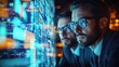 © video - Person in suit leaning toward glowing blue data screens showing code and analytics, focused and intense amid warm bokeh city lights