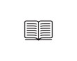 © Sujit - Minimalist black and white icon of open book with two visible pages, horizontal lines representing text, clean design symbolizing reading, learning, literature, or education, simple geometric drawing