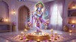 © kacreation - Lord Krishna playing flute in ornate temple with glowing lanterns and flower petals