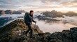 © Koetizz - Man hiking on mountain peak above clouds.