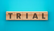 © Grid Byte Studio - Trial in blocks: Six wooden blocks arranged to spell TRIAL, a concept highlighted against a clean teal background. Evoking notions of experimentation, judgment, and process.