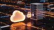 © igor.nazlo - Glowing cloud storage object and secured server rack connected by floating encrypted data streams, luminous padlock binding both, minimalist clean 3D render, dark futuristic backdrop, vivid color sche