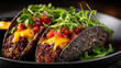 © syhin_stas - Smash burger tacos combining juicy, crispy edge beef patties, melted cheddar, pico de gallo and peppery greens on dark tortillas for bold, gourmet street food flavor