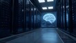 © Thares2020 - A glowing holographic brain displayed within a highly advanced illuminated technological corridor