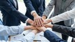 © Studicon - Diverse group of colleagues stack hands together to celebrate teamwork and success in the office